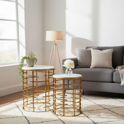 Rabia Gold Set Of 2 Round Tables with Marble Top - Image 3