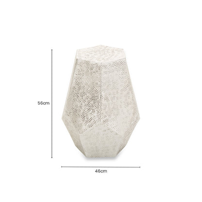 Grey Polished Aluminium Drum Side Table with Geometric Detail Pattern, Rabia