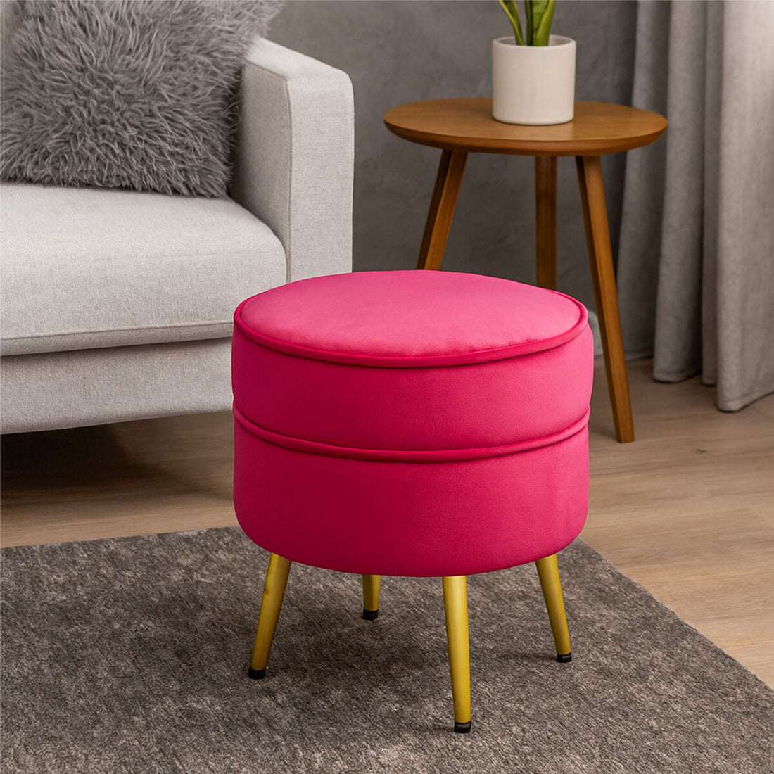 Tamra Round Bright Pink Velvet Gold Leg Footstool