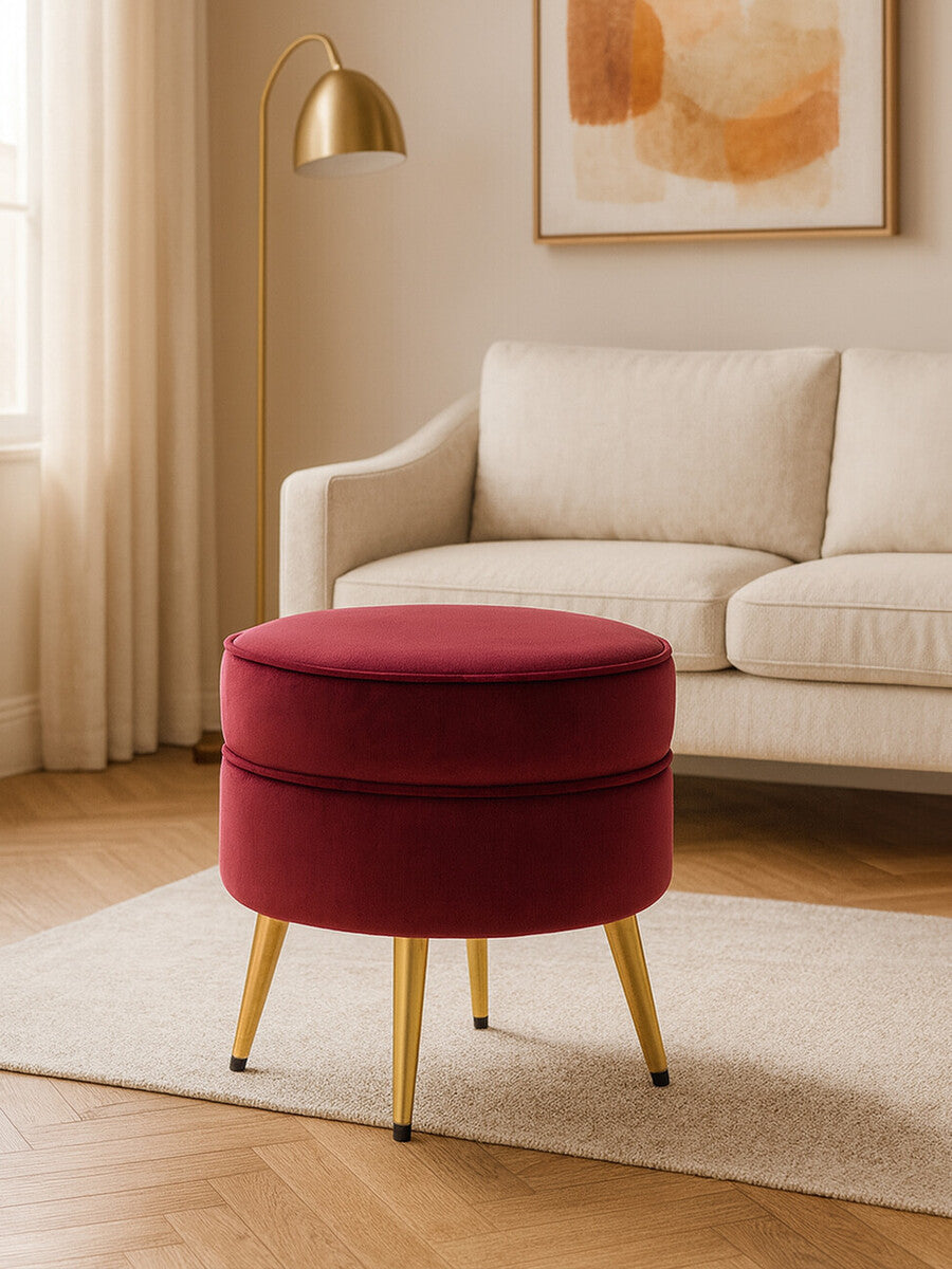 Tamra Round Wine Velvet Gold Leg Footstool