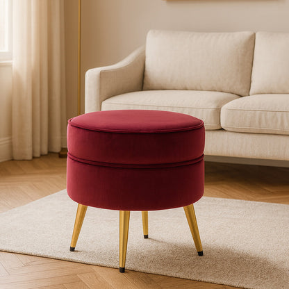 Tamra Round Wine Velvet Gold Leg Footstool