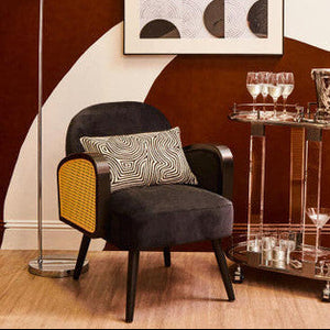 Hala Black Velvet and Rattan Armchair