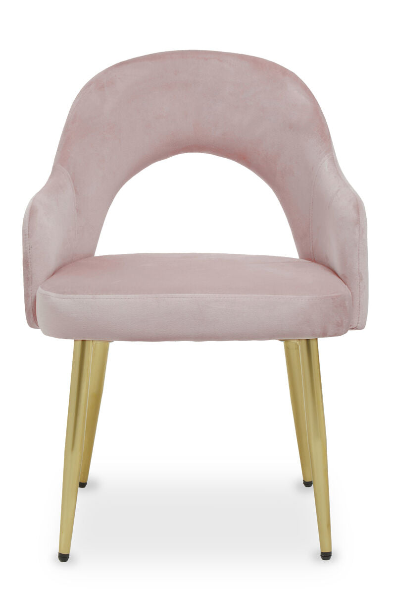 Pink velvet chair with gold legs on a white background