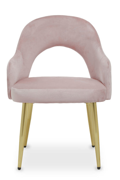 Pink velvet chair with gold legs on a white background