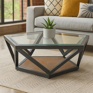 Cibo Clear Glass Hexagonal Coffee Table with Black Finish Frame