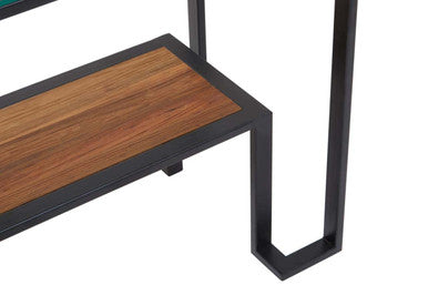 Tempered Glass Top 2-Tier Console Table with Wood Lower Shelf and Black Metallic Frame, Cibo