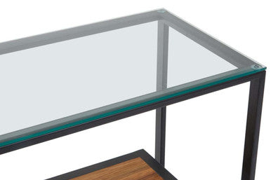 Tempered Glass Top 2-Tier Console Table with Wood Lower Shelf and Black Metallic Frame, Cibo