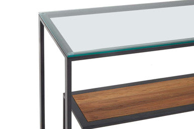 Tempered Glass Top 2-Tier Console Table with Wood Lower Shelf and Black Metallic Frame, Cibo