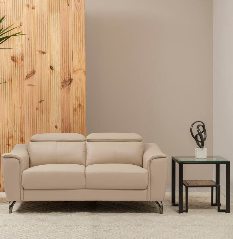 Beige sofa in a modern living room with a wooden wall and plant.
