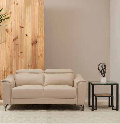 Beige sofa in a modern living room with a wooden wall and plant.