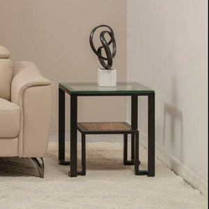 Cibo Clear Glass and Black Metal Side Table with Lower Shelf