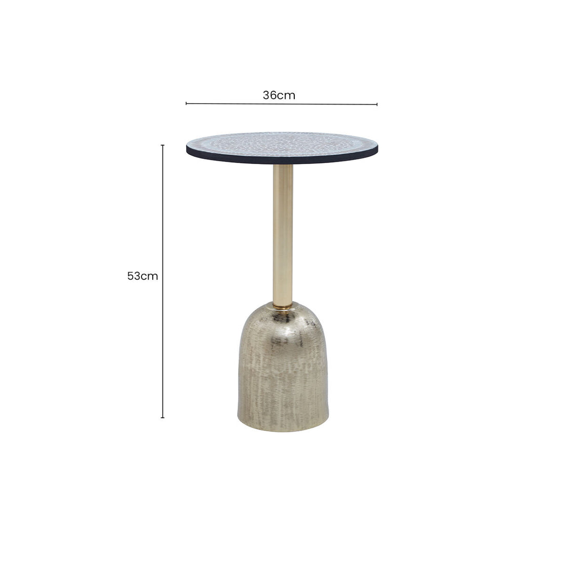 Geometric Mosaic Accent Side Table with Slim Gold Cylindrical Pedestal Base, Inventivo