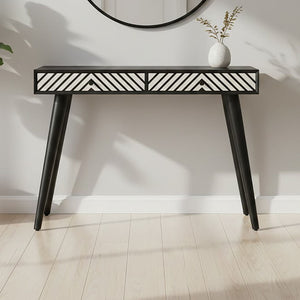 Boho Black and White Acacia Wood 2 Drawer Console Table