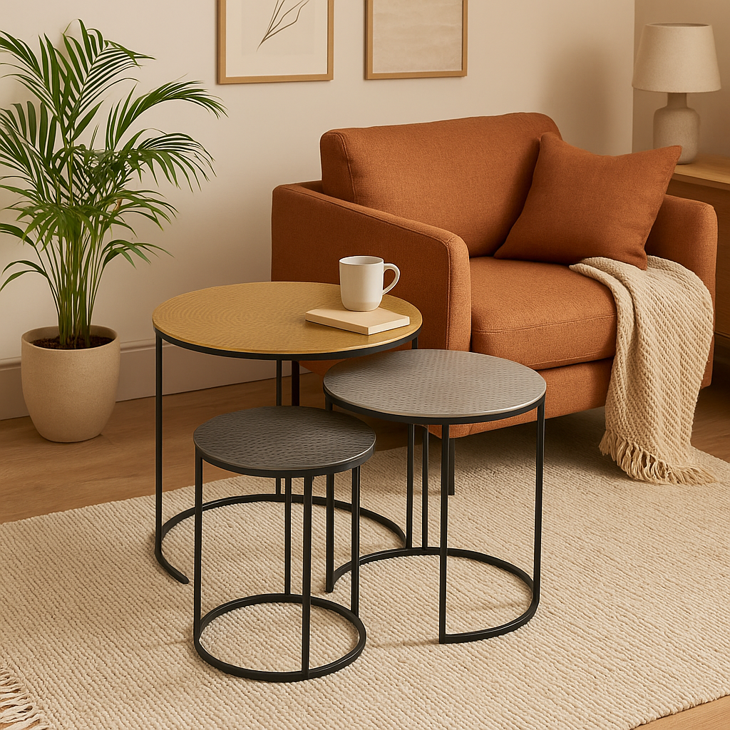 Set of 3 Black and Gold Hammered Metal Nesting Tables, Elias