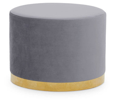 Gray round ottoman with a gold base on a white background
