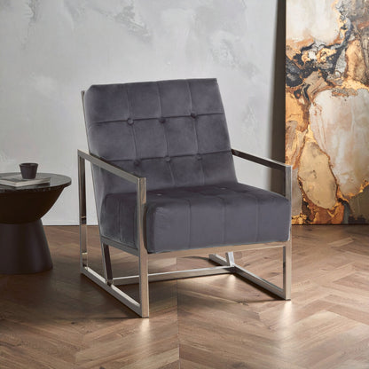 Hana Grey Velvet Chair with Stainless Steel Frame