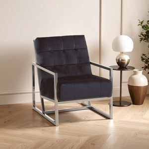 Hana Black Velvet Button Tufted Chair with Silver Finish Frame