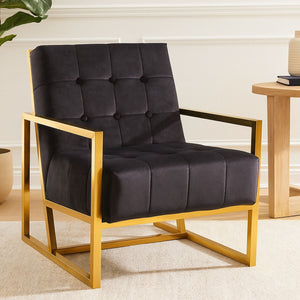 Hana Black Velvet Button Tufted Chair with Gold Finish Frame