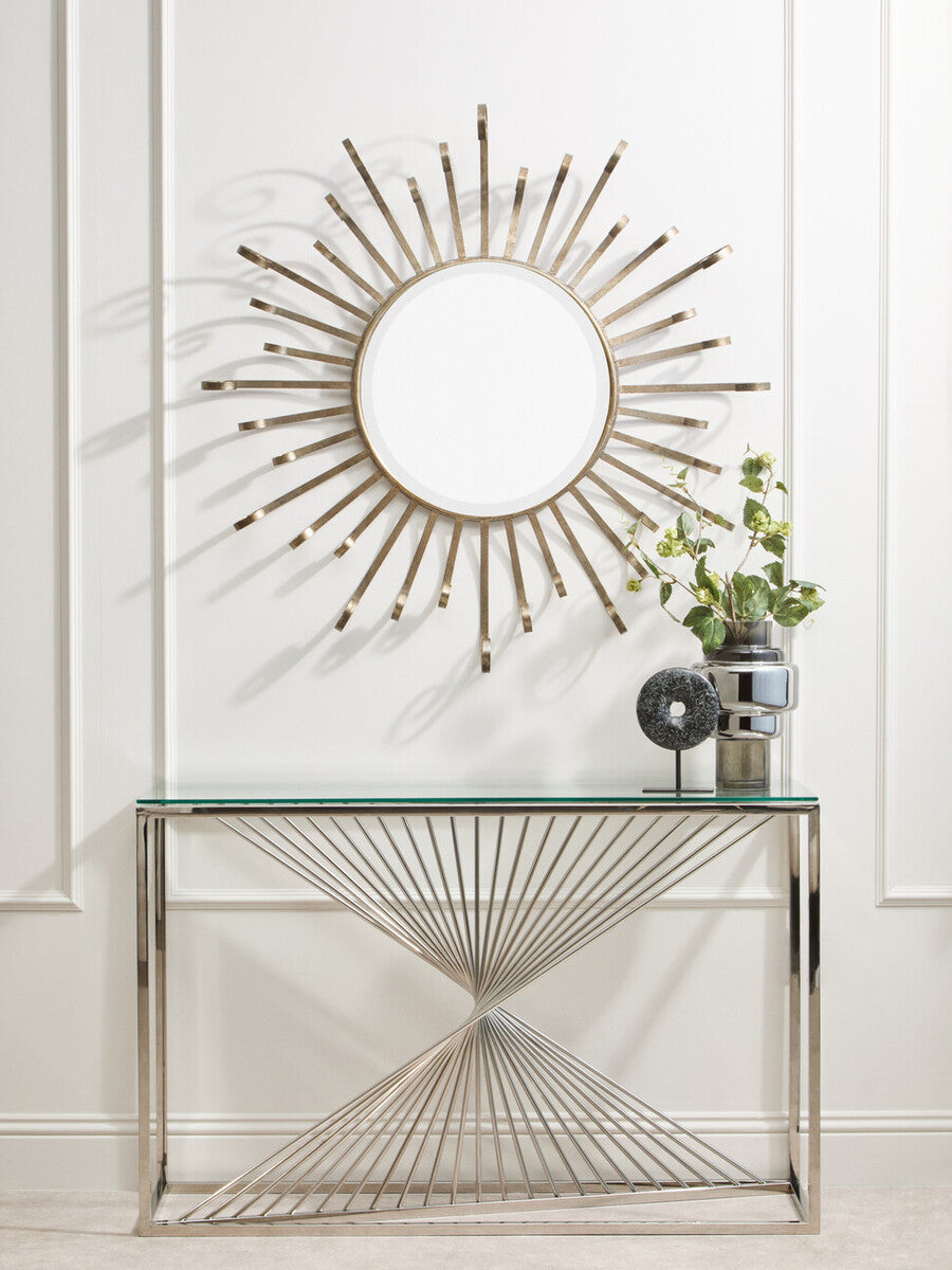 Clear Tempered Glass Top Console Table with Silver Finish Stainless Steel and Twisted Staircase Base, Amella