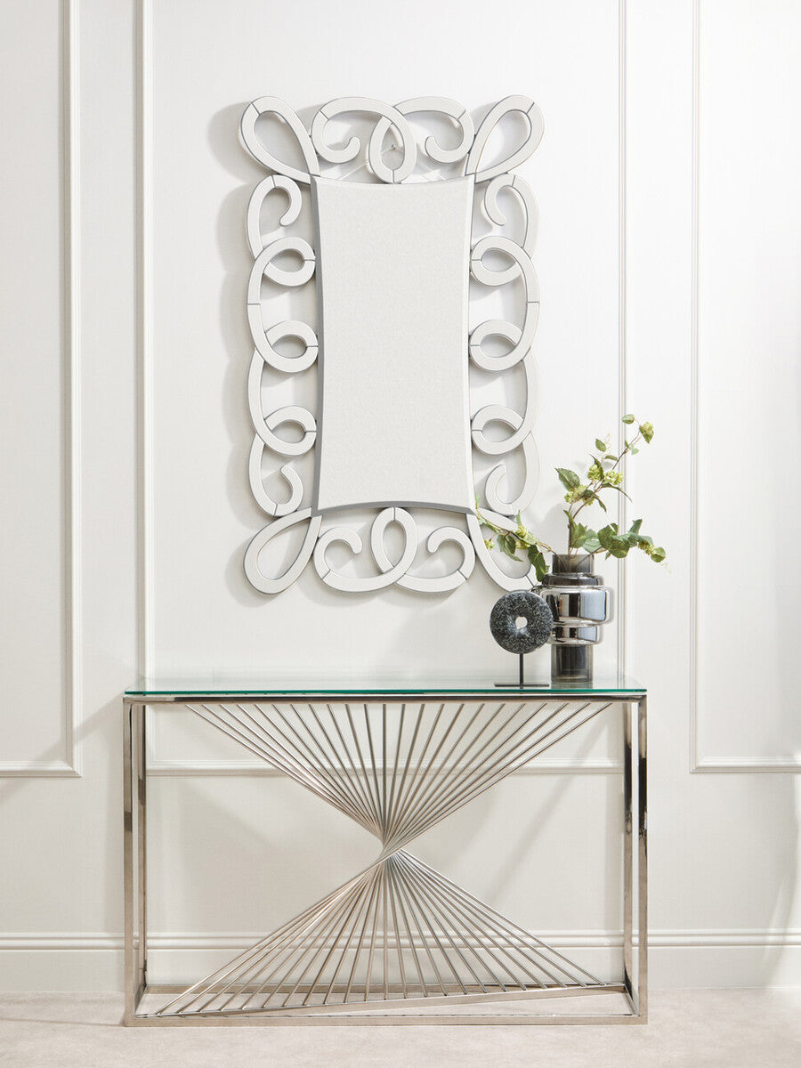 Clear Tempered Glass Top Console Table with Silver Finish Stainless Steel and Twisted Staircase Base, Amella