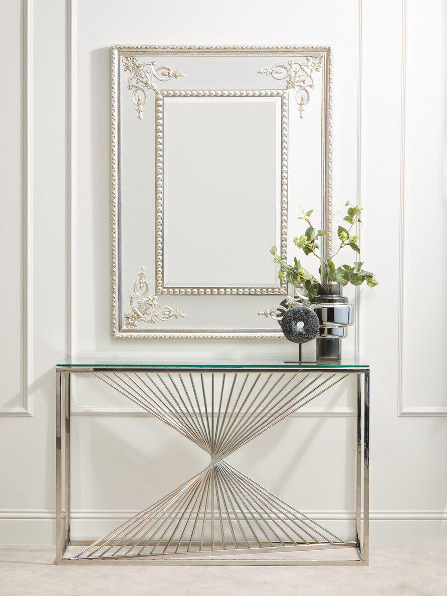 Clear Tempered Glass Top Console Table with Silver Finish Stainless Steel and Twisted Staircase Base, Amella