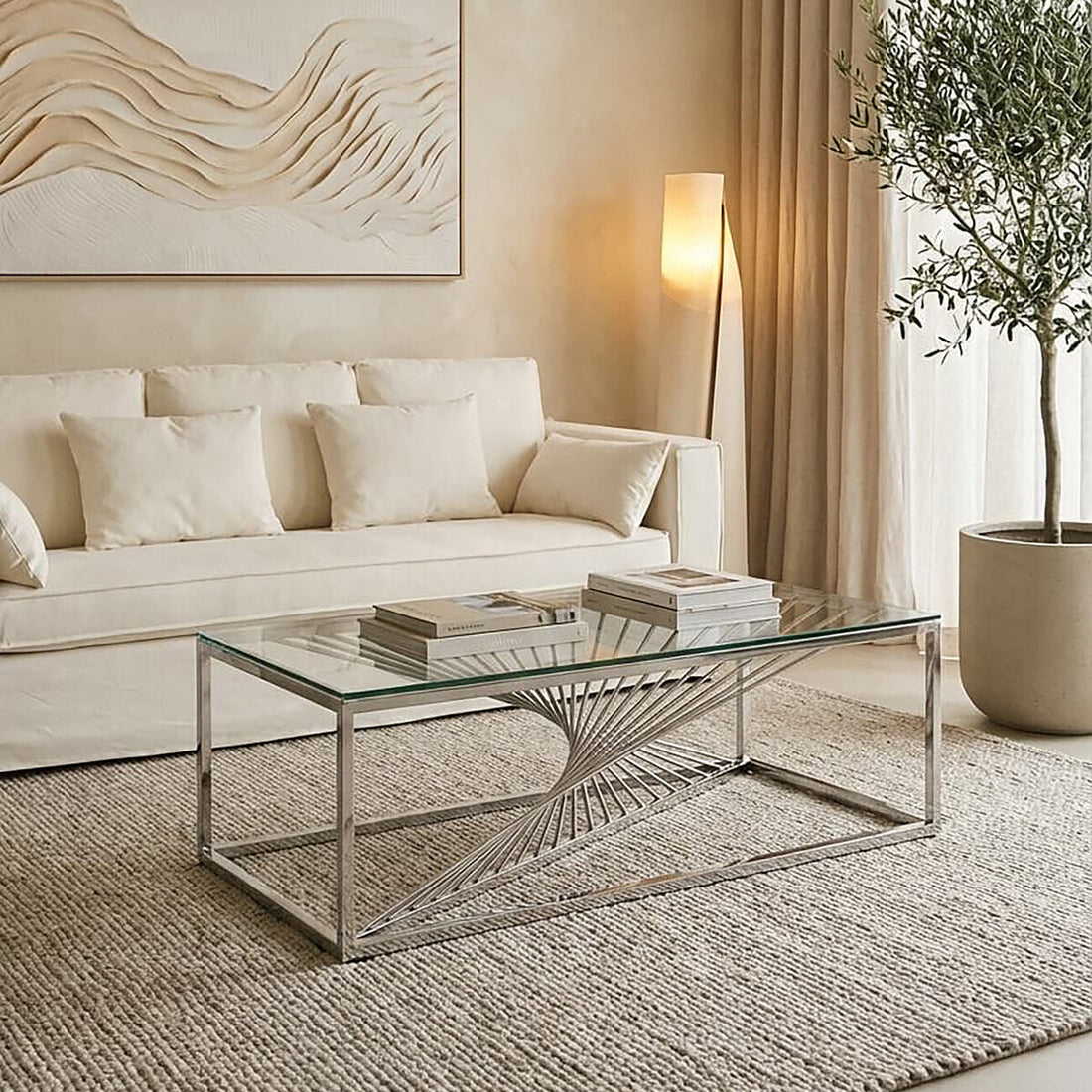 Silver Finish Steel Frame Coffee Table with Glass Top, Amella