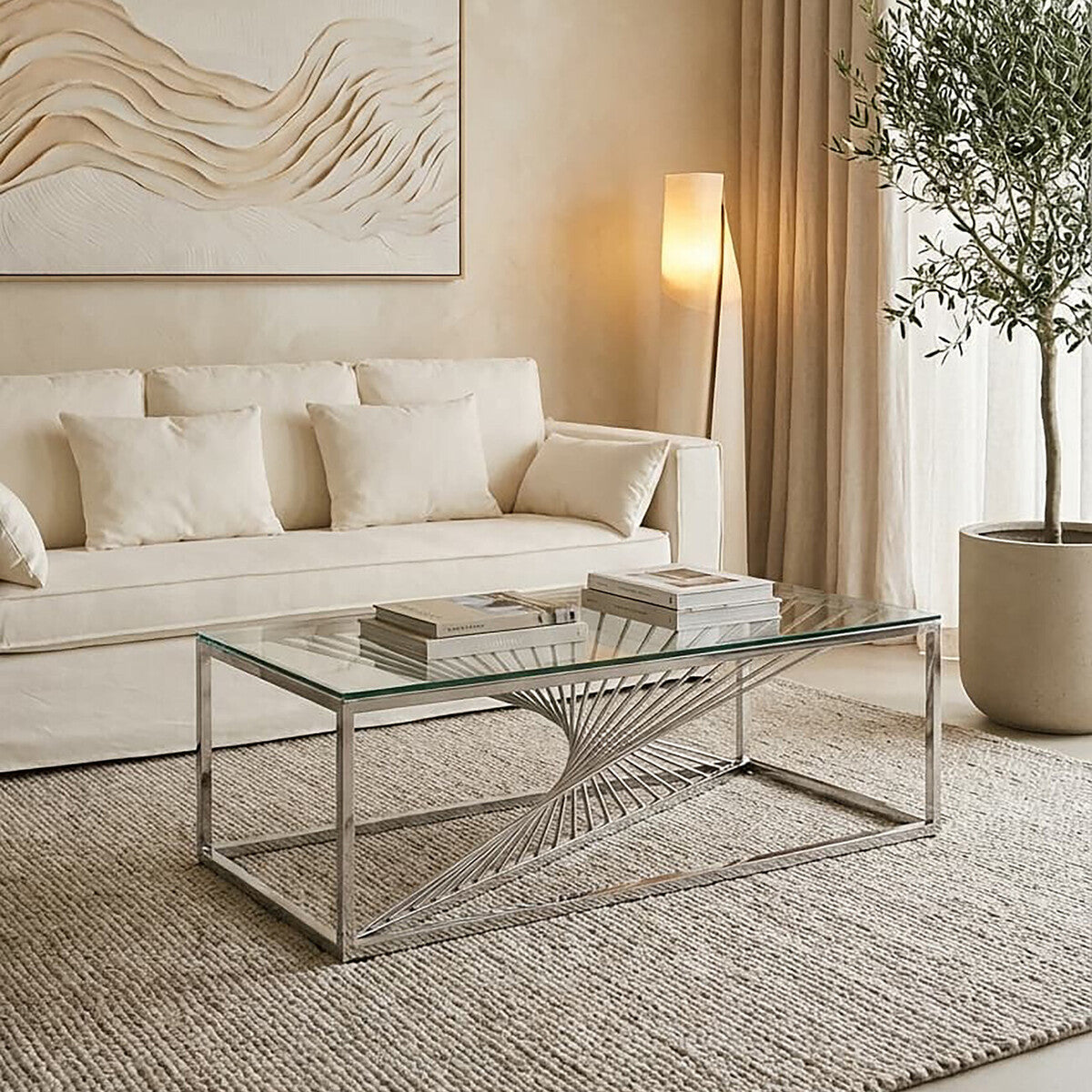 Silver Finish Steel Frame Coffee Table with Glass Top, Amella