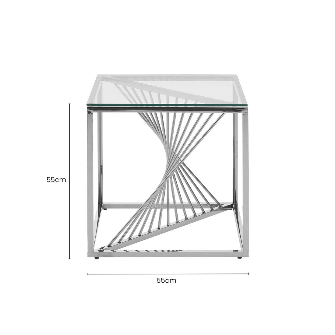 Silver Stainless Steel Frame End Table with Clear Tempered Glass Top and Spiral Staircase Inspired Centre, Amella