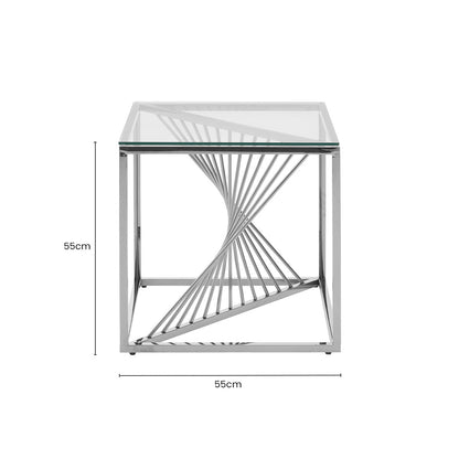 Silver Stainless Steel Frame End Table with Clear Tempered Glass Top and Spiral Staircase Inspired Centre, Amella