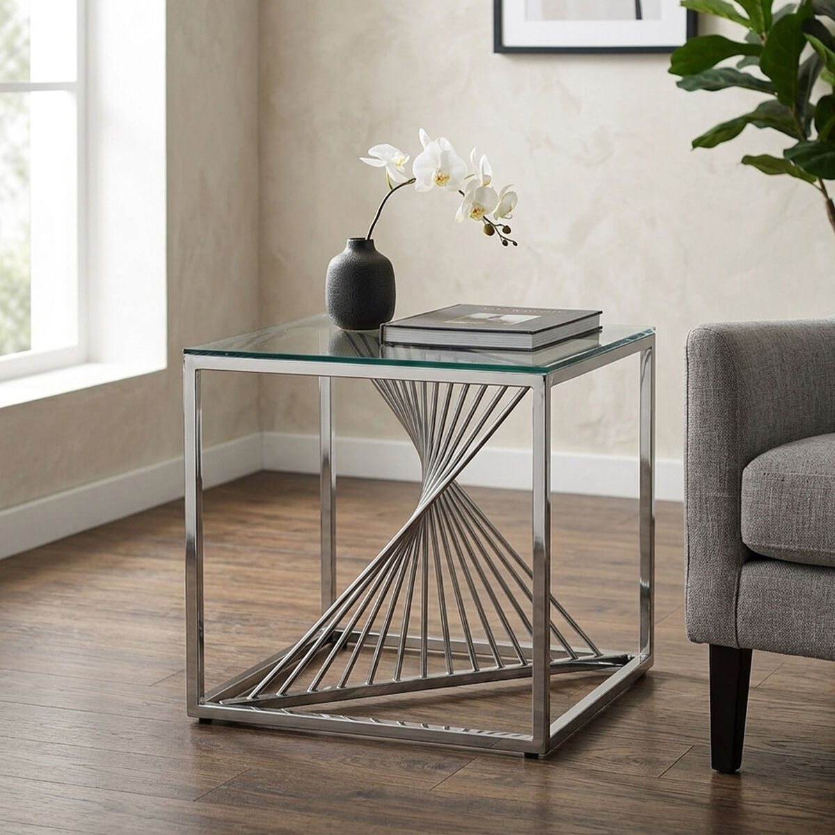 Silver Stainless Steel Frame End Table with Clear Tempered Glass Top and Spiral Staircase Inspired Centre, Amella