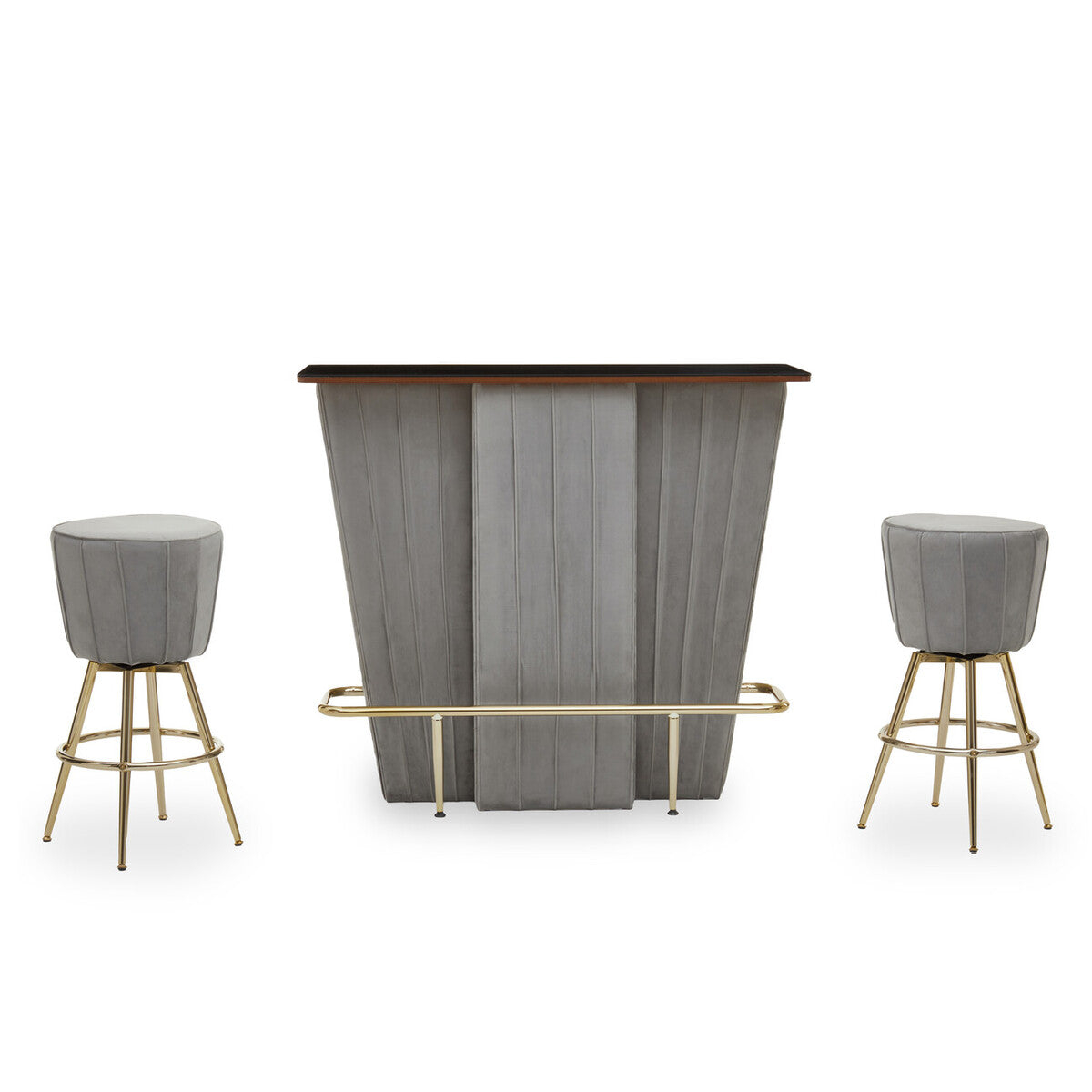 Bar setup with a wooden bar counter and two gray stools on a white background