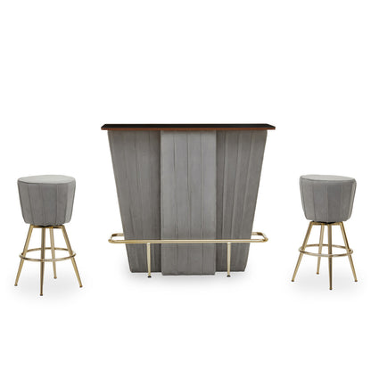 Bar setup with a wooden bar counter and two gray stools on a white background