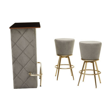 Presley Bar And Grey Velvet Stools Set