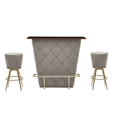 Presley Bar And Grey Velvet Stools Set