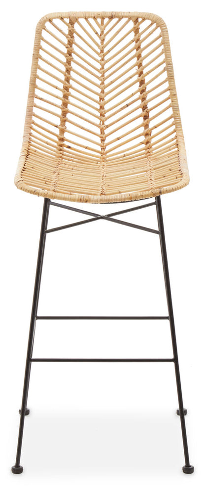 Wicker bar stool with black metal legs on a white background