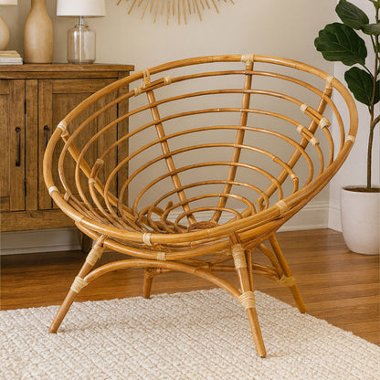 Wicker chair in a room with wooden furniture and decor