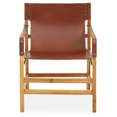 Brown leather chair with wooden frame on a white background
