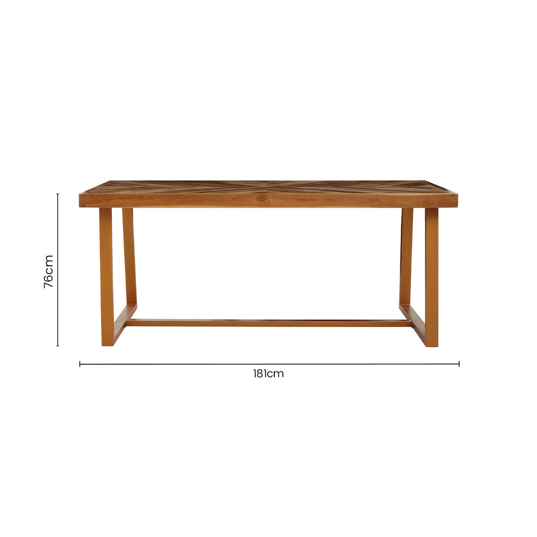 Natural Teak Wood Dining Table with Herringbone Top and Gold Finish Metal Frame, Kendari