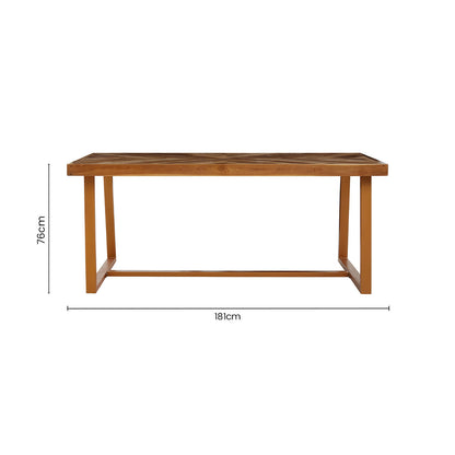 Natural Teak Wood Dining Table with Herringbone Top and Gold Finish Metal Frame, Kendari