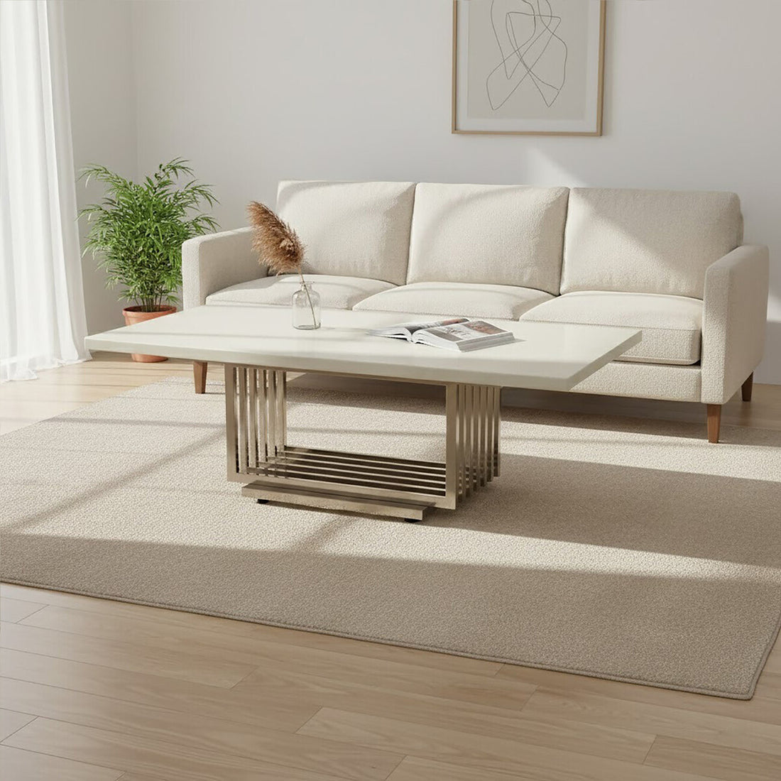 Beige sofa with a coffee table in a living room setting