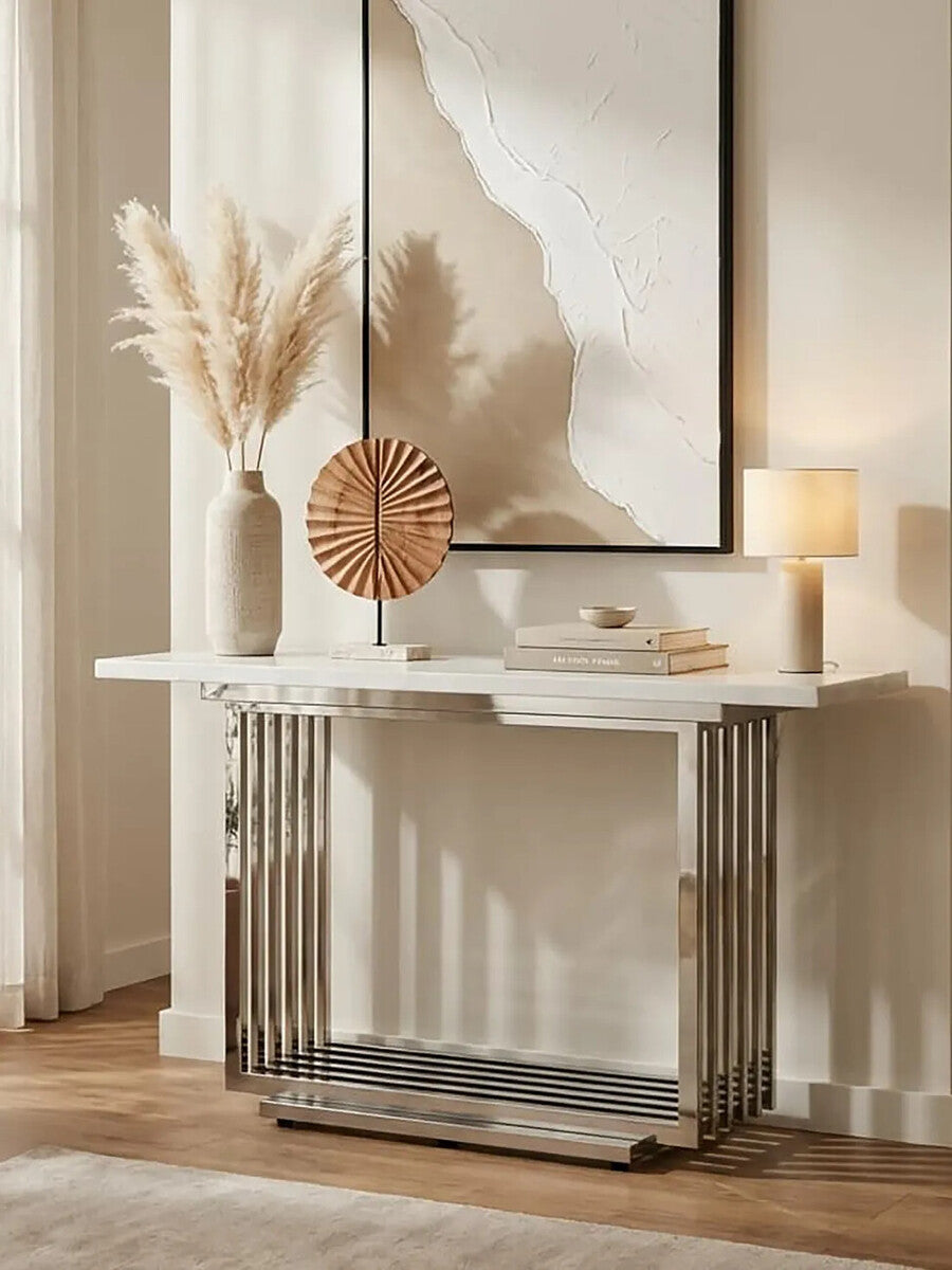 White Marble Top Console Table with Geometric Silver Stainless Steel Base, Moda