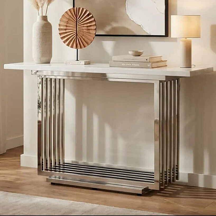Modern console table with decorative items in a stylish room