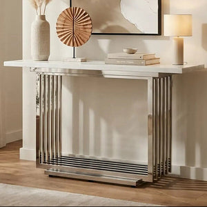 White Marble Top Console Table with Geometric Silver Stainless Steel Base, Moda