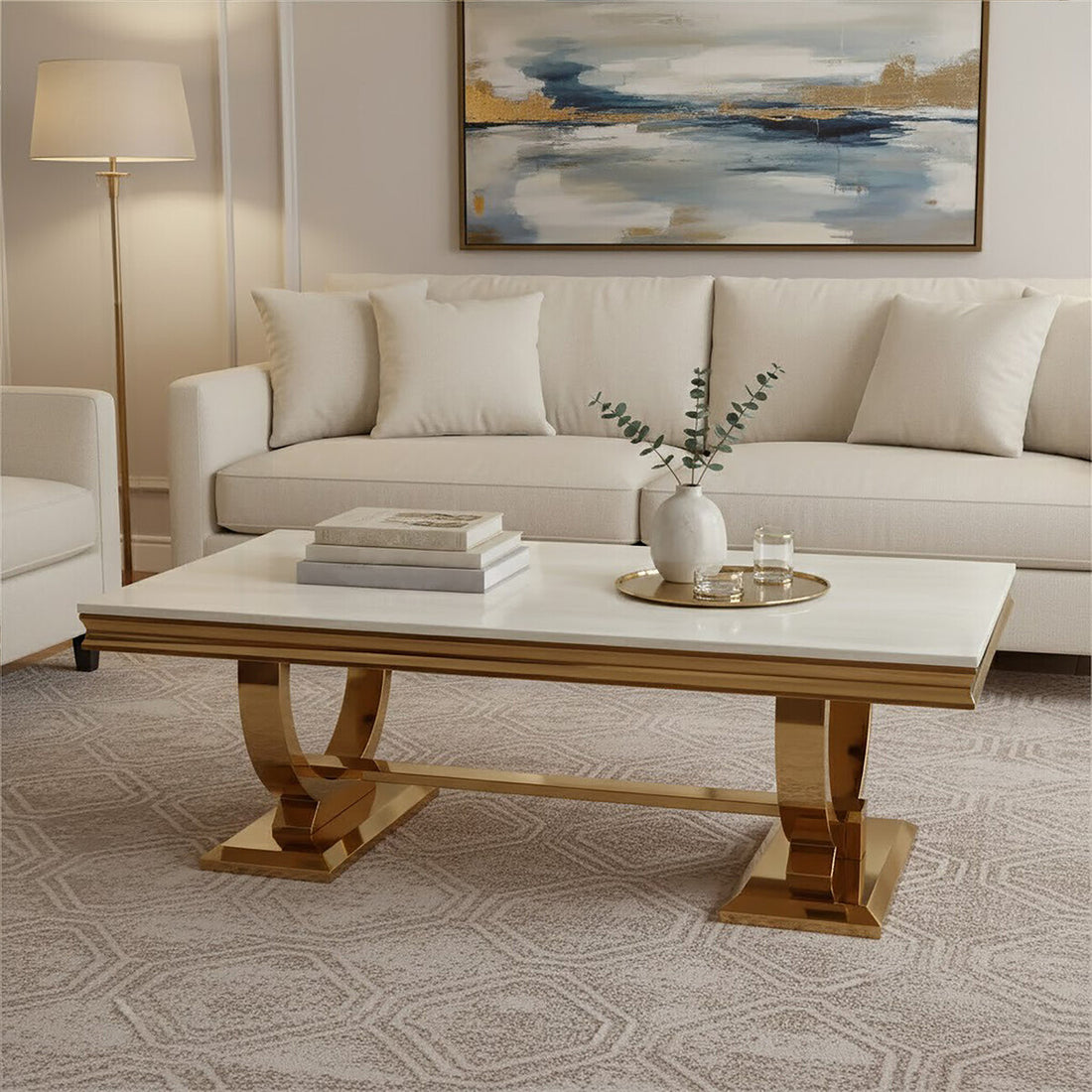 Moda Ivory White Faux Marble Coffee Table With Stainless Steel Base - Image 4