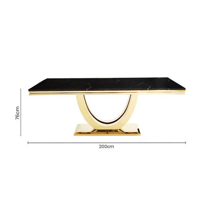 Black Faux Marble Rectangular Top Dining Table with Brushed Gold Geometric Frame, Moda