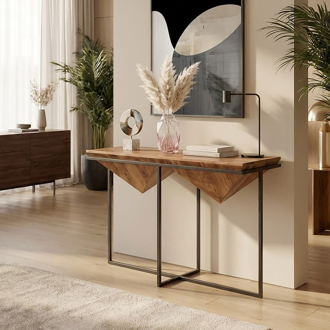 Brown Acacia Wood Pyramid Style Console Table with Black Metal Frame, Shimla