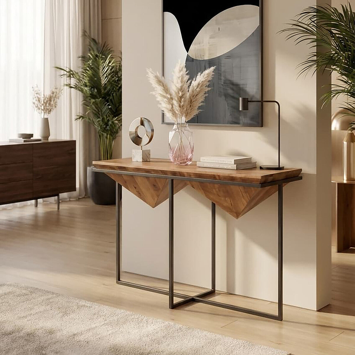 Brown Acacia Wood Pyramid Style Console Table with Black Metal Frame, Shimla