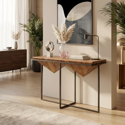 Brown Acacia Wood Pyramid Style Console Table with Black Metal Frame, Shimla