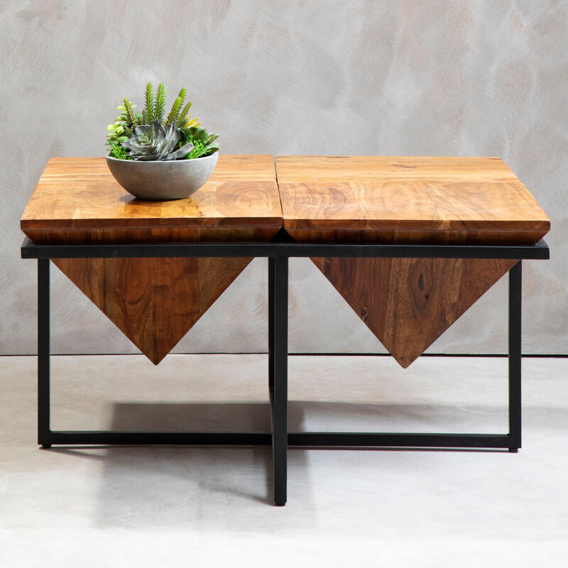 Wooden coffee table with a plant on a gray background