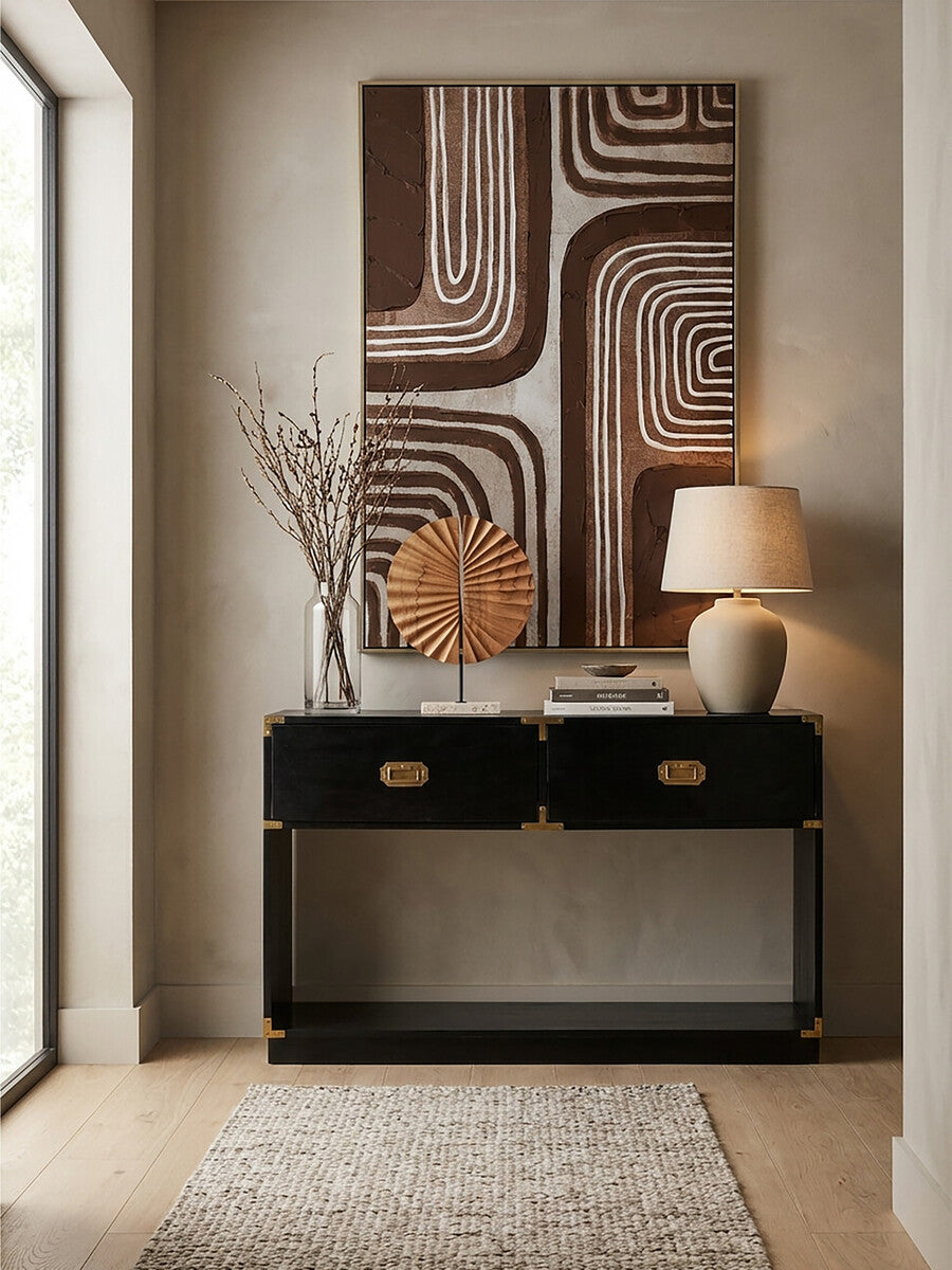 Black Mango Wood 2-Drawer Console Table with Gold-Tone Handles, Sarter